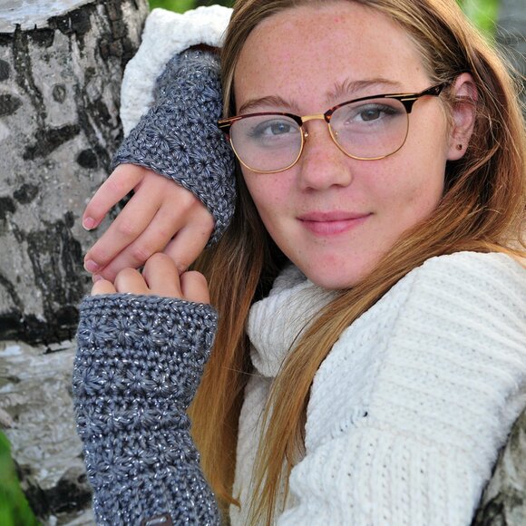 Platinum Fingerless Gloves with Sparkle - Hand Made in Canada - Picture 3 of 4